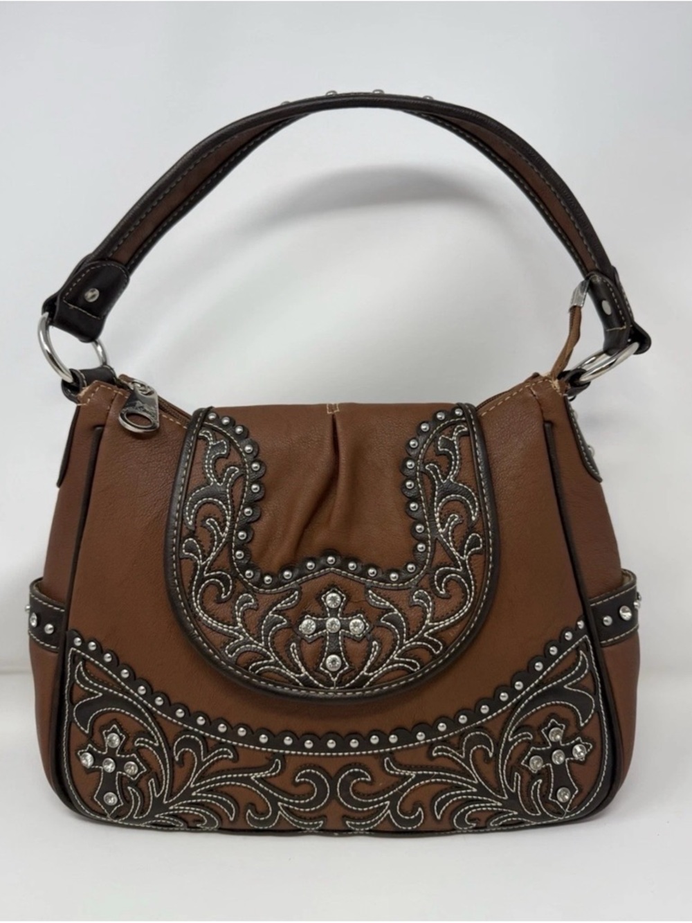 Montana West Brown Leather Gem Studded Shoulder Bag
